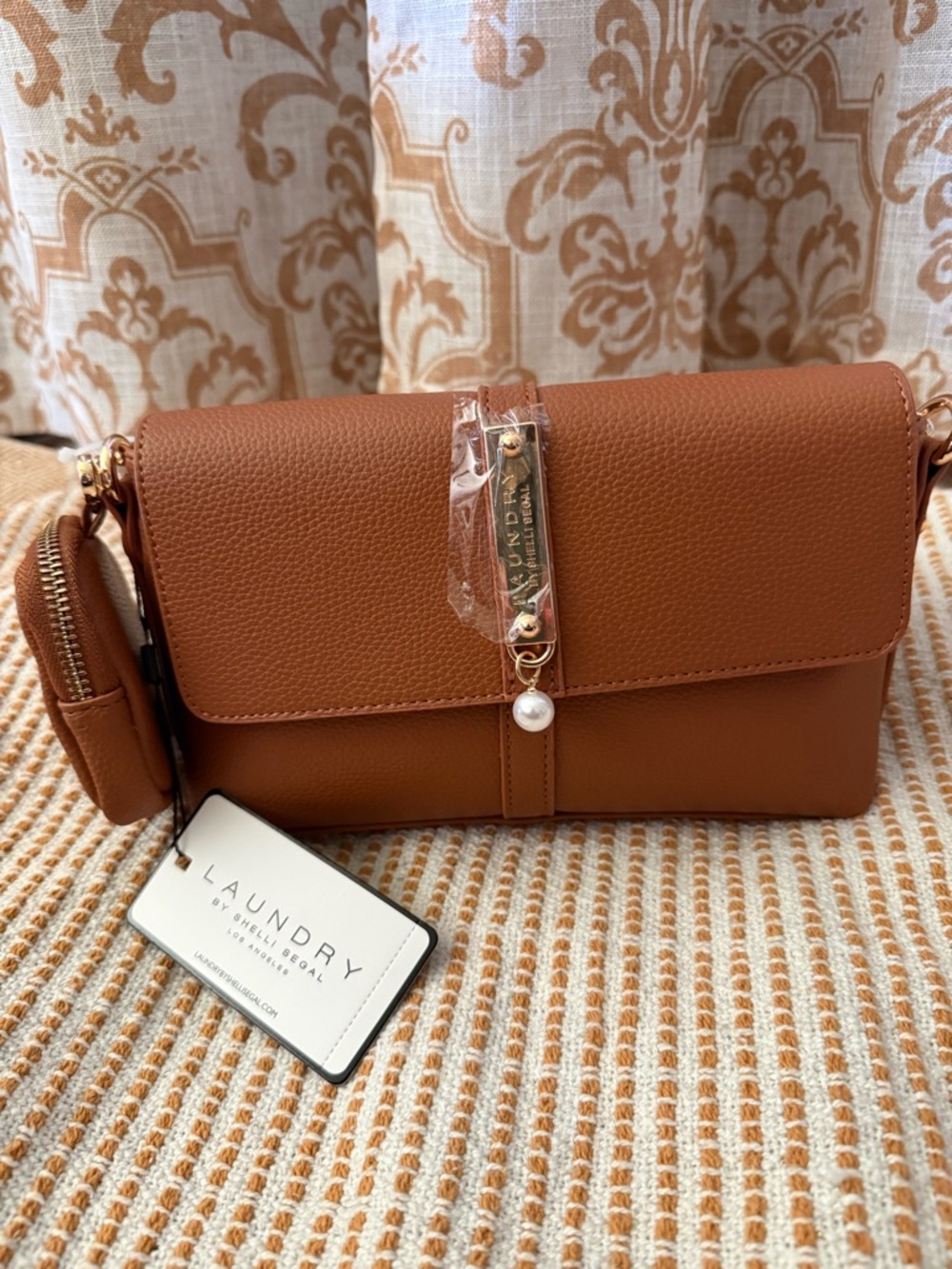 Laundry By Shelli Segal Cognac Tan Crossbody Bag with Pearl Accent NWT